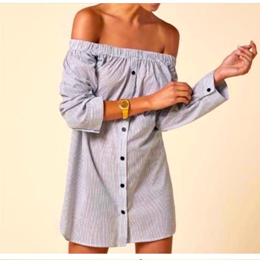 Reformation Banker Striped Button Front Off The Shoulder Long Sleeve Mini Dress